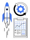 Rocket launch concept with progress chart and gear for process improvement and growth Royalty Free Stock Photo