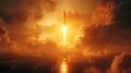 rocket launch from cosmodrome in steppe in summer at sunset