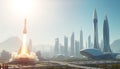 Rocket launch futuristic city, space technology, sci,fi, future, Stock Photo, Generative AI