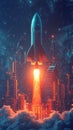 Rocket Launch into Futuristic Cityscape at Night Royalty Free Stock Photo