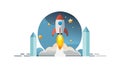 Rocket Launch from Futuristic Spaceport with Stars, vector design Generative AI Royalty Free Stock Photo