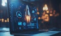 Rocket launch graphic on laptop screen, digital interface with charts and data visualizations, modern technology concept Royalty Free Stock Photo