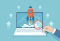 Rocket launch from laptop screen. Business project startup, financial planning, idea development process, strategy, management, re Royalty Free Stock Photo