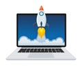 Rocket launch from laptop screen. Concept for new business project, launching product or service with symbols. Royalty Free Stock Photo