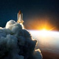 Rocket Launch, Lift Off At Amazing Sunset. Space Shuttle In The Space Near Earth With Yellow Sunrise. Clouds And Sky On Background