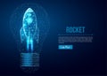 Rocket launch in lightbulb, wireframe polygonal style. Internet technology network, business startup concept with