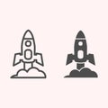 Rocket launch line and glyph icon. Spacecraft flying up, getting off the ground. Astronomy vector design concept