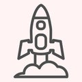 Rocket launch line icon. Spacecraft flying up, getting off the ground. Astronomy vector design concept, outline style