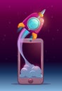 Rocket launch from mobile phone screen. Royalty Free Stock Photo