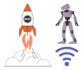 Rocket Launch with MVP Logo, Robot Figure, and wireless Symbol Representing Innovation and Technology Royalty Free Stock Photo
