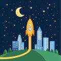 Rocket launch at night with city skyline and crescent moon in flat art style icon copy space for text luxury spac Royalty Free Stock Photo
