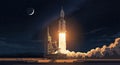 Rocket Launch at Night with Moon and Stars Illustration Royalty Free Stock Photo