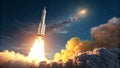 Rocket Launch Night Sky, Fiery Plume, Starry Background, Space Exploration Royalty Free Stock Photo