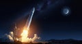 Rocket Launch at Night, Space Exploration, Stars, Moon Royalty Free Stock Photo