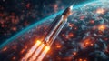 Rocket Launch Over Burning Earth In Outer Space Royalty Free Stock Photo