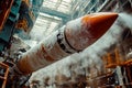 Rocket launch preparation inside a massive facility during a bustling day. Generative AI Royalty Free Stock Photo