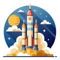 Rocket launch in retro style, blue orange, vector illustration, educational material Royalty Free Stock Photo