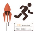 Rocket launch and running stick figure with secured code message representation Royalty Free Stock Photo