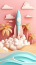 Rocket launch from sandy beach with palm trees and ocean waves, puff of smoke, soft clouds in background, space technology concept Royalty Free Stock Photo