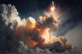 rocket launch, with satellite payload visible in the clouds of smoke and fire