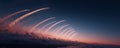 Rocket launch sequence captured at sunset with multiple trails lighting up sky in dramatic display of motion and power Royalty Free Stock Photo