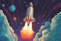 Rocket launch, ship, 2d illustration