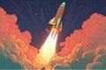 Rocket launch, ship, 2d illustration