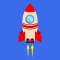 Rocket launch ship flat design on cyan background color. Royalty Free Stock Photo