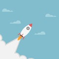 Rocket launch, rocket ship soar up into the sky through the clouds and go heading to space. start up business concept - vector Royalty Free Stock Photo