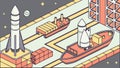 Rocket launch with ships in a port, symbolizing innovation, logistics, and global progress, vector design Generative AI Royalty Free Stock Photo