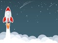 Rocket launch on sky cloud,gold coin falling from sky flat vectorrocket start up launch,businessman hand pointer click start up fl