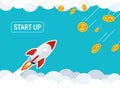 Rocket launch on sky cloud,gold coin falling from sky flat vector Royalty Free Stock Photo