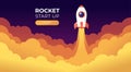 Rocket launch in the sky flying over clouds. Space ship in smoke clouds. Business concept. Start up template. Horizontal