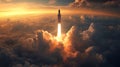 Rocket launch soaring through clouds at sunset exploration space travel and scientific advancement with intense pro Royalty Free Stock Photo