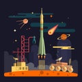 Rocket launch on space landscape background. Vector illustration in flat design. Planets, satellite, stars, moon rover, comets, mo Royalty Free Stock Photo