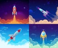 Rocket launch. Space travel, galaxy rocketship and business plan success start vector cartoon concept illustration Royalty Free Stock Photo