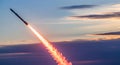 Rocket Launch Spacecraft Soaring Through Sky at Sunset Royalty Free Stock Photo