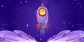 Rocket launch, spaceship flying up to night sky