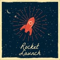 Rocket launch startup rocket retro poster with vintage colors and grunge effect. Vector, illustration, isolated Royalty Free Stock Photo