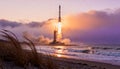 Rocket launch at sunrise over a beach. Royalty Free Stock Photo