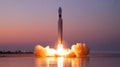 Rocket launch at sunset with bright flames, smoke cloud and reflection on water Royalty Free Stock Photo