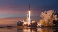 Rocket launch at sunset with bright flames, smoke cloud and reflection on water Royalty Free Stock Photo