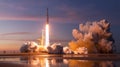 Rocket launch at sunset with bright flames, smoke cloud and reflection on water Royalty Free Stock Photo