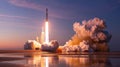 Rocket launch at sunset with bright flames, smoke cloud and reflection on water Royalty Free Stock Photo