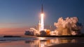 Rocket launch at sunset with bright flames, smoke cloud and reflection on water Royalty Free Stock Photo