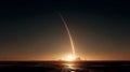 Rocket launch at sunset with a striking trail. Royalty Free Stock Photo
