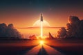 rocket launch into sunset, with the sun setting over a majestic landscape Royalty Free Stock Photo