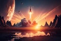 rocket launch into sunset, with the sun setting over a majestic landscape Royalty Free Stock Photo