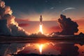 rocket launch into sunset, with the sun setting over a majestic landscape Royalty Free Stock Photo