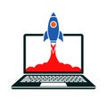 Rocket launch takes off from the laptop screen, the spacecraft and laptop - concept of business start-up, successful startup Royalty Free Stock Photo